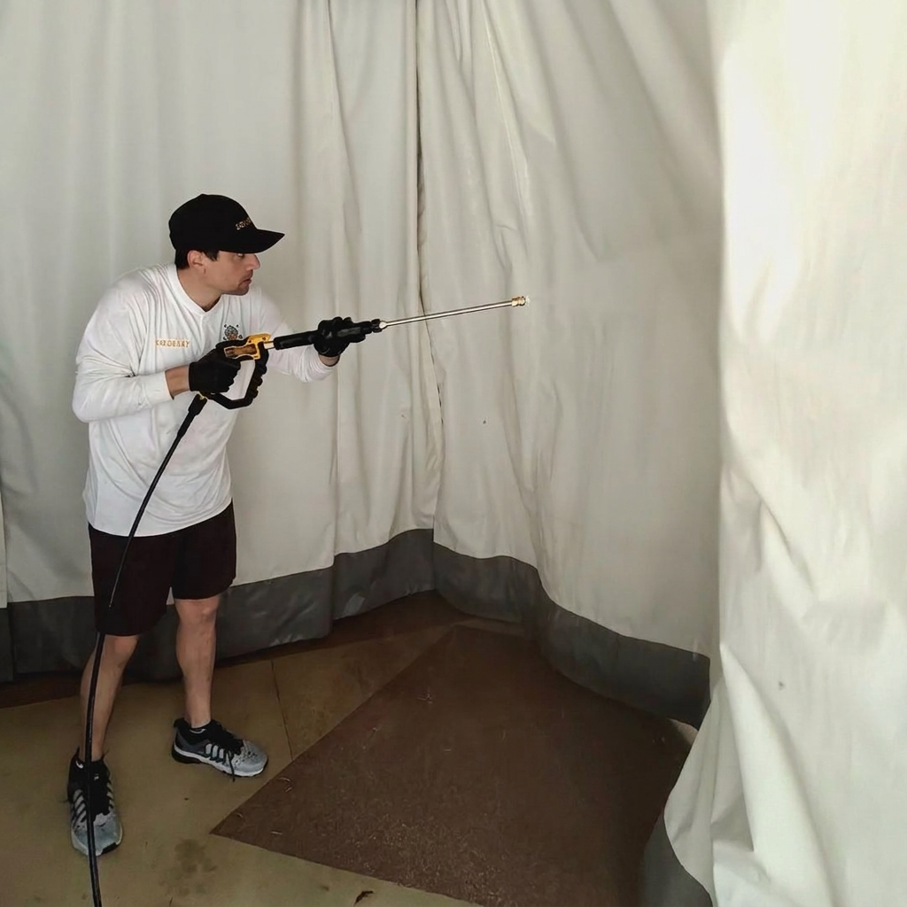 Squeaky technician pressure-washing the interior fabric wall of a cabana