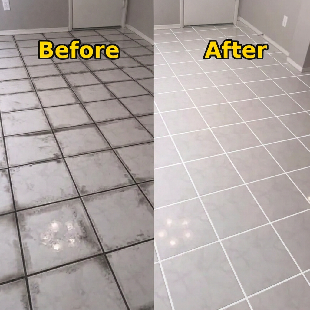 Before and after tile and grout cleaning: dark grimy grout lines restored to bright white