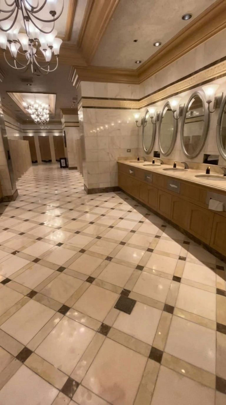 Marble resort restroom with checkered floor, oval mirrors and backlit vanity