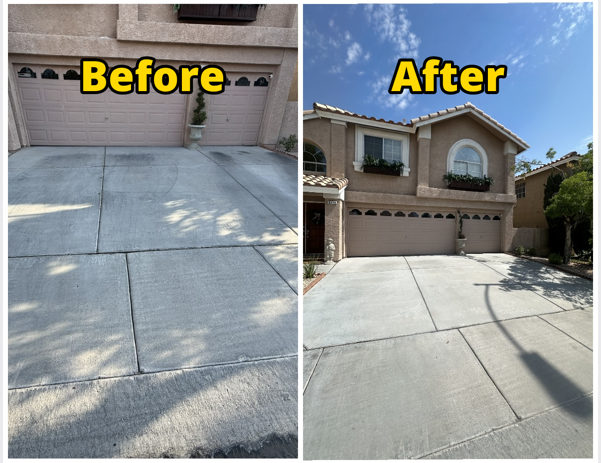 Before and after pressure washing: stained concrete driveway restored to bright clean concrete