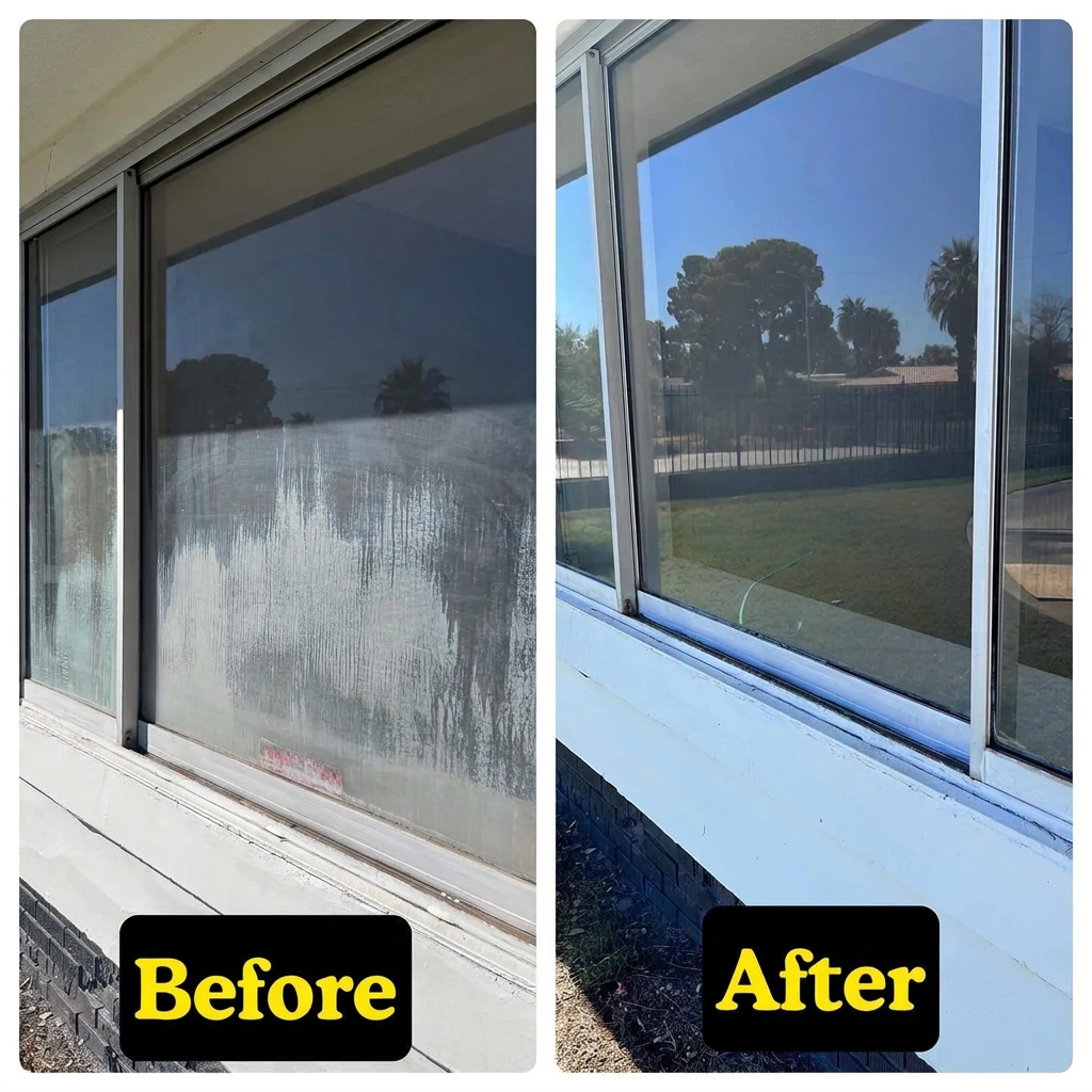 Before and after window cleaning: hazy dirty glass restored to a crystal-clear view