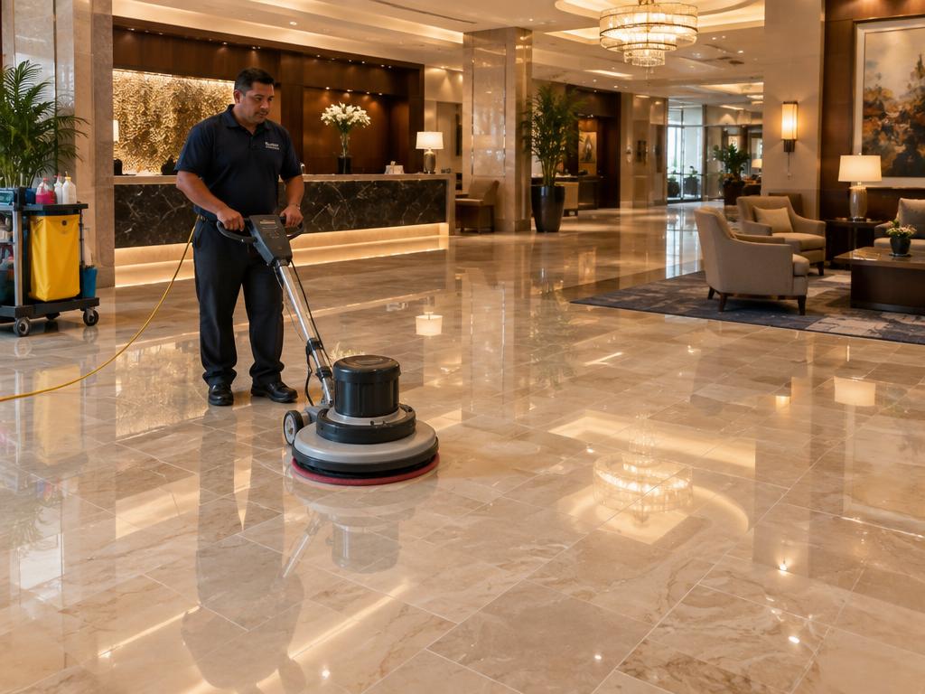 Polished reflective stone lobby floor being machine-buffed