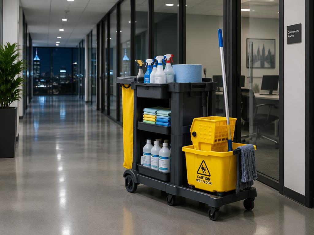 Janitorial cleaning cart with supplies in a modern office corridor at night