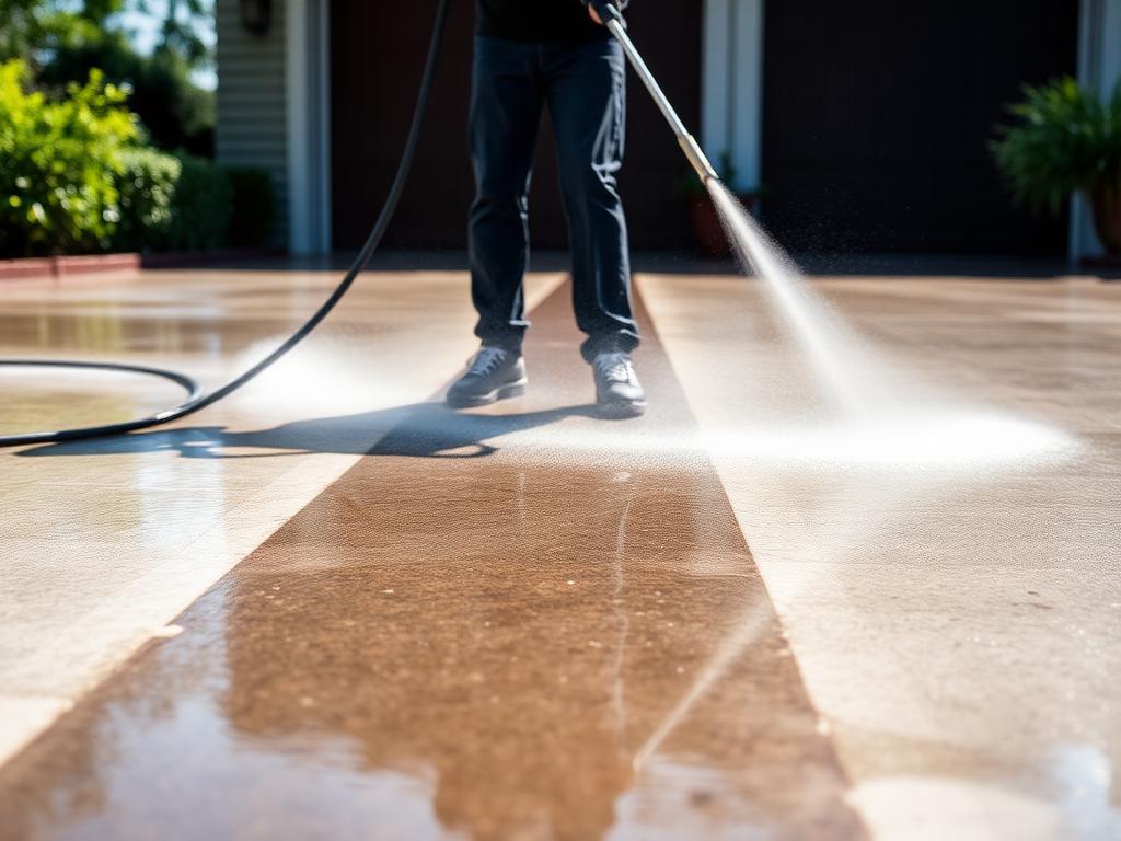 Pressure washing a concrete driveway with a clean stripe