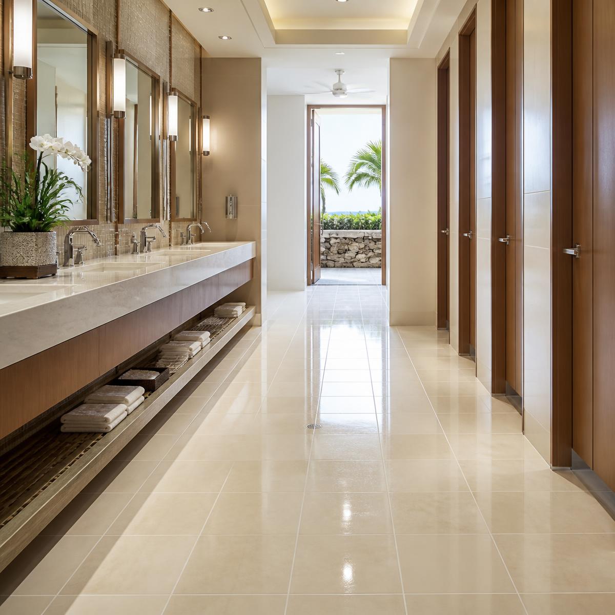 Freshly cleaned glossy tile and grout floor